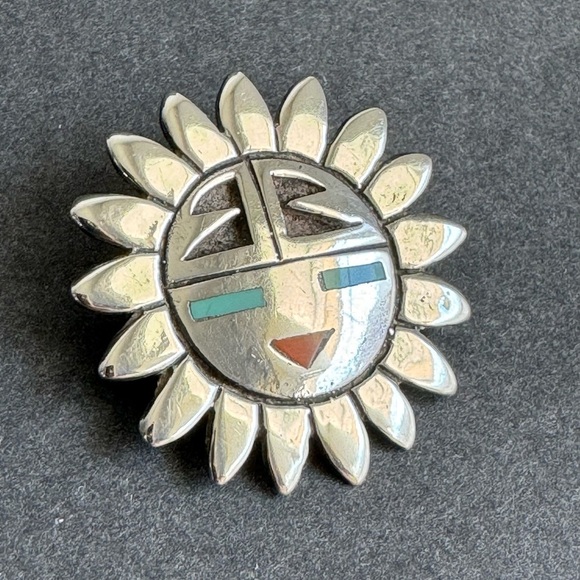 Vintage Sun Face Brooch Turquoise Coral Sterling Silver Zuni Native American‎ - Picture 7 of 8